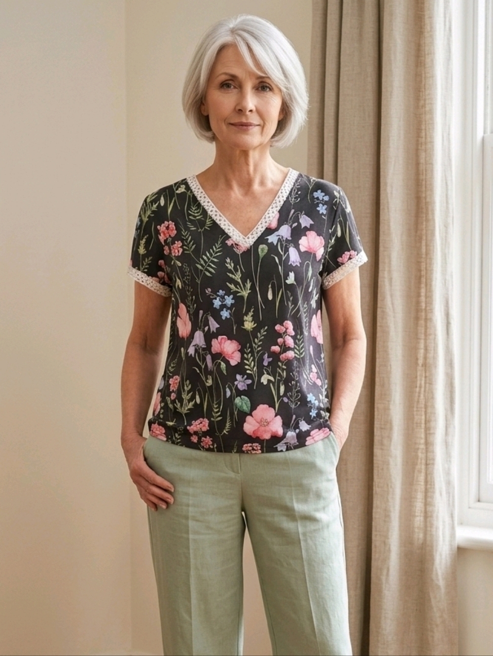 NWT Elegant Floral V-Neck Blouse ~XL